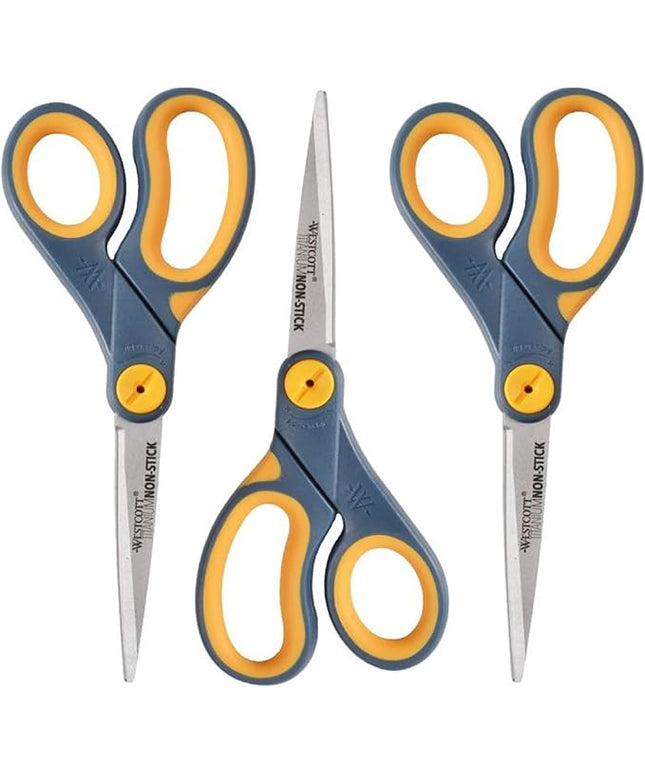 Westcott 8-Inch Titanium-Bonded Non-Stick Straight Scissors with Adjustable Glide Feature for Office and Home - Gray/Yellow, 3 Pack