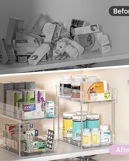 Delamu 2 Tier Snap-Lock Bathroom Under Sink Organizers and Storage, Multi-Purpose Cabinet Drawers with Movable Dividers, Pull Out Organization for Countertop, Kitchen and Pantry(Clear, 2 Pack)