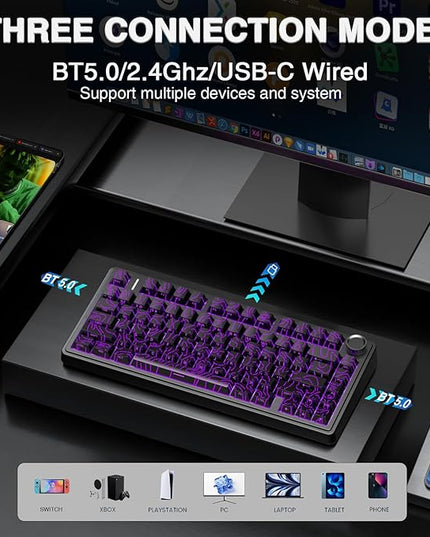 AULA F75 Pro Wireless Mechanical Keyboard with Knob,75% Hot Swappable Custom Gaming Keyboards,RGB Backlit,Pre-lubed Switches,Side Printed PBT Keycaps Creamy Sounding Computer Keyboard, Line Black