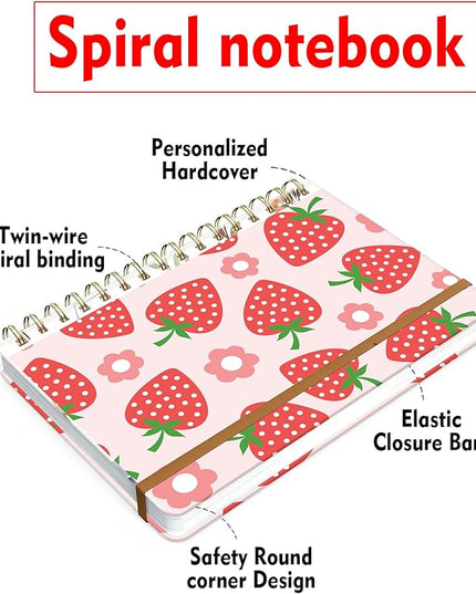 Spiral Journal Notebook for Women, Hardcover A5 College Ruled Notebook, 120 Pages, Thick Paper, Cute Lined Journal for School, Office & Work, 6 x 8.4 in(Pink Strawberry Flower)