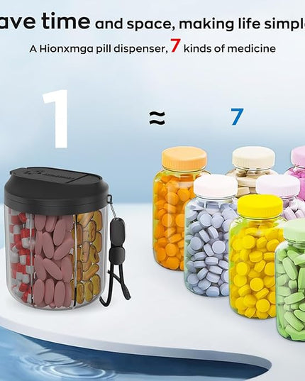 Pill Dispenser with 7 Large Compartments, Pill Bottle Organizer for Travel, Supplement Organizer with Anti-Mixing Design, BPA-Free Pill Container with 20 Pcs Labels, Pink + Black