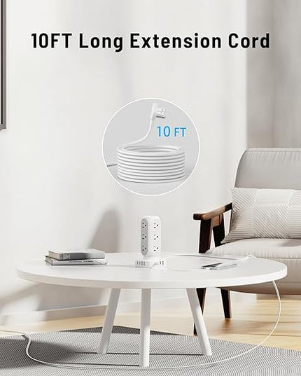 Flat Plug Power Strip Tower 10FT, 40W Total Fast Charging Station, Dual PD 20W USB-C Surge Protector with 12 AC Outlets and 8 USB Ports (4 USB C), Long Extension Cord for Home Office Dorm Room