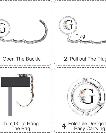 Iqimott 3pcs Personalized Initial Foldable Purse Hook for Table, Flower Letter Folding Handbag Hanger Portable Magnet Table Hook Holder, Collection Desk Purse Hooks for Women Bag (Black-G)