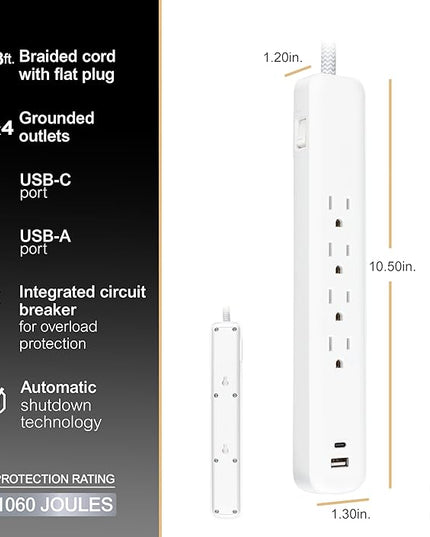 GE UltraPro 4 Outlet Surge Protector, USB-C Charging, 3 ft Designer Braided Cord, 1060 Joules, ETL Listed, White, 41354