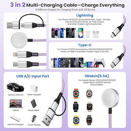 Travel Essentials, 3 in 2 USB A/C Cable to iPhone 17 Charger/Apple Watch Charger/Lightning, Braided Multi Charging Cable Cord, RV Camping Essentials, Designed for iWatch Series & iPhone17-11/iPad-5FT