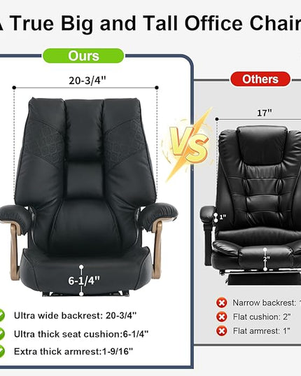 Big and Tall Executive Office Chair with Footrest, 400LBS Capacity Ergonomic High-Back Desk Office Chair with Lumbar Support, Padded Armrests & Thick Cushion, Black PU Leather Chairs