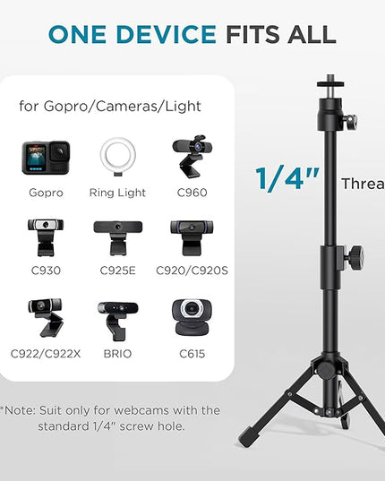 InnoGear Webcam Tripod, Extendable Webcam Stand for Desk Camera Stand Mount with Phone Holder for Webcam C922 C930e C920S C920 C615 C960 C920x BRIO 4K NexiGo N60, Right Light, GoPro with 1/4" Thread