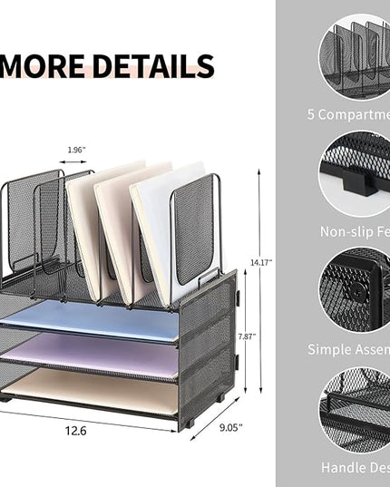 LEKETREE Desk Organizers and Accessories, 3-Tier Paper Organizer with 5 Vertical File Holders, File Folder Organizer (Black, 3T)