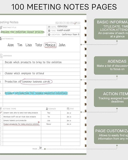 EMSHOI Meeting Notebook for Work - B5 Half Meeting Half Note Planner, 100 Pages, 100GSM Thick Paper, Hardcover, Project Organizer for Women Men Office, Business, Note Taking, 8"x10.2" - Green