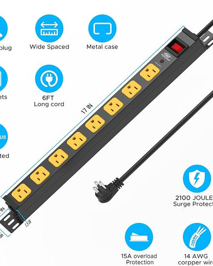 Mountable Long Power Strip, 2100 Joules Heavy Duty Surge Protector Power Strip, Slim Metal Power Bar with 6ft 14AWG Cord, 8-Outlet, ETL Listed, for Wall Mount, Under Desk, Garage, Workshop, and Office