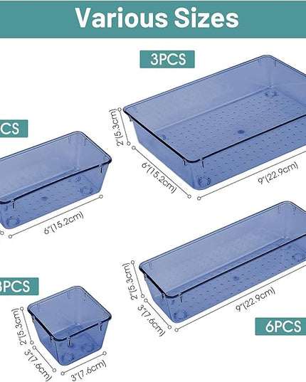 WOWBOX 25 PCS Plastic Drawer Organizer Set, 4 Sizes Desk Drawer Divider Organizers and Storage Bins for Makeup, Jewelry, Gadgets for Kitchen, Bedroom, Bathroom, Office, Clear Dark Blue