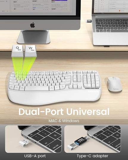White Ergonomic Wireless Keyboard and Mouse Combo, 2.4G Full Size Ergo Wave Key Board with Cushioned Plam Rest, Natural Typing, 3 DPI Adjustable Silent Mouse for Computer/Laptop/Windows/Mac - Sablute