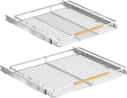 Pull Out Cabinet Organizers,Expandable Slide Out Wire Storage Drawers,Adjustable Width W:14.9”-25.9” x D:22.5”,2 packs of Stainless Steel Gliding Cupboard Wire Shelves for Pot and Pans,Chrome Plated