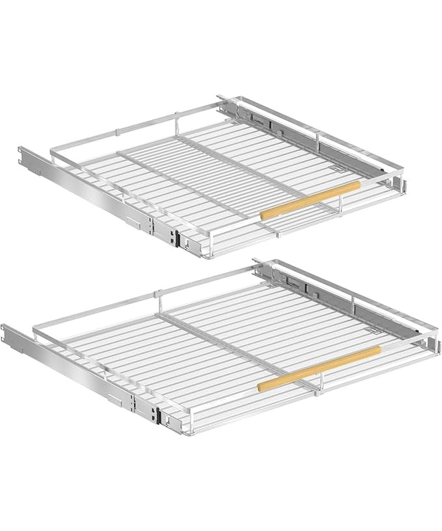 Pull Out Cabinet Organizers,Expandable Slide Out Wire Storage Drawers,Adjustable Width W:14.9”-25.9” x D:22.5”,2 packs of Stainless Steel Gliding Cupboard Wire Shelves for Pot and Pans,Chrome Plated