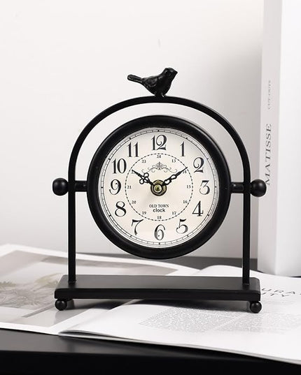 MODE HOME Silent Battery Operated Black Metal Analog Desk Clock with Bird, Small Table Clock for Farmhouse Decor, Mantel Shelf, Home and Living Room