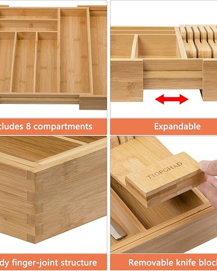 Bamboo-Silverware-Drawer-Organizer-Kitchen, Expandable Utensil Holder Cutlery Tray Flatware Organization Adjustable Wood Tableware Dividers Storage (with Removable Knife Block)(Natural)