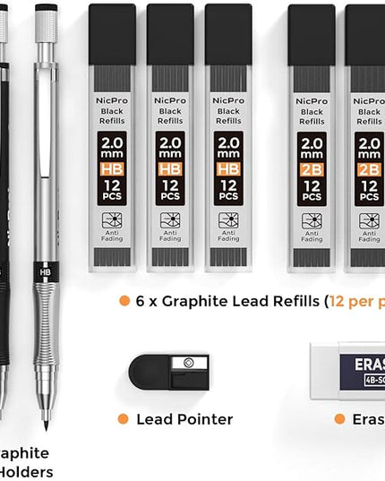 Nicpro 11 Pieces 2mm Mechanical Pencil Set, 3 PCS Carpenter Drafting Pencil 2.0 mm for Art Drawing Writing Sketching Construction with 6 Tube Pre-Sharpen HB & 2B Refill, Eraser, Sharpener