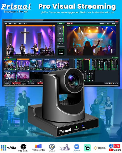 Prisual PTZ Camera Gen 5, 30X Optical Zoom Auto AI Tracking, HDMI 3G-SDI USB IP Streaming, 0.5 Lux for Church Live Streaming, YouTube Facebook, Events, vMix, OBS, Wirecast. TEM-30S PRO
