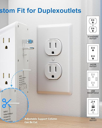 JcBlaon Surge Protector Outlet Extender 6 Outlet Extender with 4 USB Ports (PD 30W), 3 Sided 1050J Multi Plug Wall Adapter Power Strip for Home Travel Office Essentials