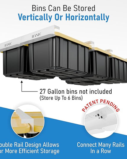 HANDT Overhead Garage Storage Rack, Connectable Heavy Duty Metal Ceiling Rails For Garage Storage Organization Shelving System, Hanging Racks For Tote Containers, Supports Up To 6 Bins, 4 Sets White
