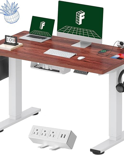 FLEXISPOT EN2 Whole-Piece Standing Desk with Clamp Power Strip, 48 x 24 Electric Stand Up Height Adjustable Desk with Cable Management (White Frame + 48" Mahogany Desktop, 2 Packages)