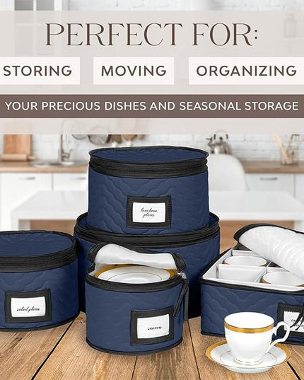 China Storage Containers 5-Piece Set Moving Boxes for Dinnerware, Glasses, Plates, Mugs and Saucers Sturdy Quilted Microfiber Dish Organizer with Dividers for Seasonal Storage - Holds Set of 12, blue