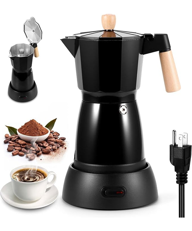 Electric Espresso Coffee Maker, 6 Cup Coffee Pot with Detachable Base Portable Aluminum Italian Moka Maker Electric Moka Pot for Home Cafe Outdoor Office