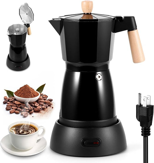 Electric Espresso Coffee Maker, 6 Cup Coffee Pot with Detachable Base Portable Aluminum Italian Moka Maker Electric Moka Pot for Home Cafe Outdoor Office