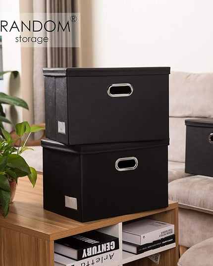 PRANDOM Large Foldable Storage Bins with Lids [3-Pack] Leather Fabric Collapsible Storage Boxes Organizer Containers Baskets Cube with Cover for Home Bedroom Closet Office Black(17.7x11.8x11.8)