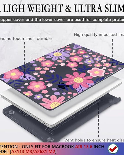 CISSOOK for MacBook Air 13 inch M4 M3 M2 Case 2025 2024 2023 2022, Hard Shell Case Keyboard Skin Screen Protector for MacBook Air 13.6 A3240 A3113 A2681, Stylized Flowers