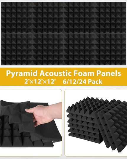12 Pack Soundproof Wall Panels, Saiqiang Acoustic Foam 2" x 12"x 12" Sound Panels Acoustic Panels Sound Absorbing Black Sound Proof Panels for Walls Pyramid Soundproofing Studio Foam