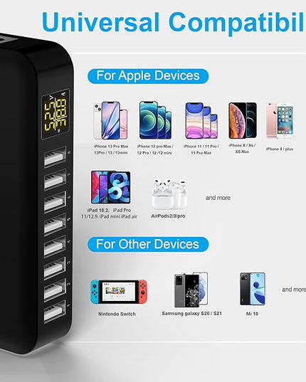 USB Charging Station, Ziwodiv 8-Port 60W/12A USB Charger Station, Multi Ports USB-A Charging Hub with LED Display, Compact Desktop Charger for Multiple Devices, iPhone iPad Samsung Android and Tablet