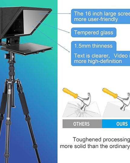 16-Inch Professional Teleprompter with Tempered Optical Glass, All-Metal Design, Remote Control & App Support, Works with Phones, Tablets, and Cameras
