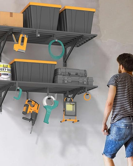 2-Pack 2x4ft Garage Shelving Wall Mounted, 2' x 4' Heavy Duty Garage Storage Shelves with Hooks, 400LB Capacity