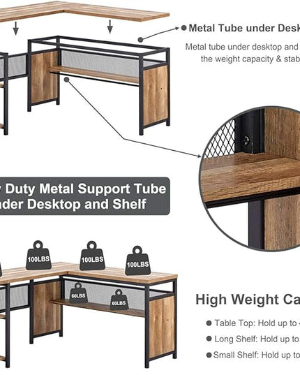 FATORRI L Shaped Computer Desk with Wood Shelves, Industrial Rustic Home Office Corner Desk with Metal Legs (Rustic Oak, 59 Inch)
