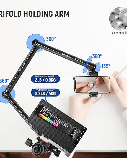 NEEWER Upgraded Overhead Camera Rig with Trifold Camera Boom Arm (Max Load 2lb), 47"/1.2m Telescopic Desk Mount Stand (Max Load 8.8lb) with Phone Clamp Ball Head for LED Light Webcam Mic, TL253A+MH022