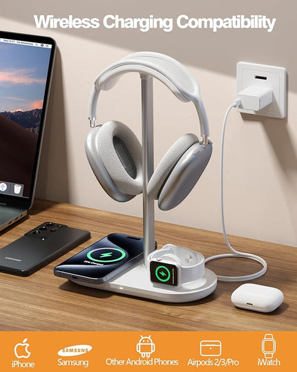 Universal Headphone Stand, Magnetic Wireless Charger for iPhones/AirPods/iWatch, Aluminum Alloy Rod, Leather Pad, ABS Solid Base, White