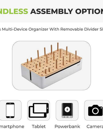 Prosumers Choice Bamboo Charging Station for Multiple Devices - Wooden Charger Organizer with Removable Dividers for Phones, Tablets, and Laptops - 11 Inch Cable Organizer Box - Space-Saving Desk Dock