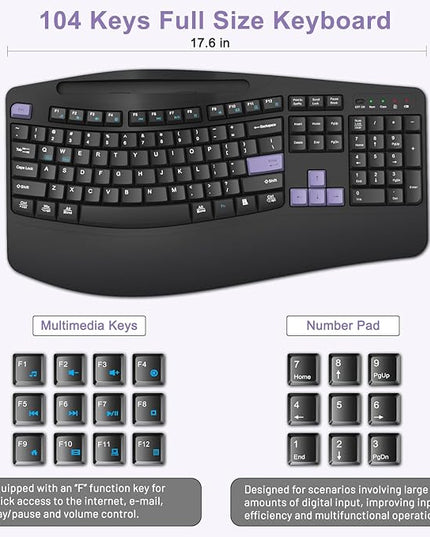 Wireless Keyboard and Mouse Combo, 2.4G Full Size Wave Keys Ergonomic Keyboard with Wrist Rest, Phone Holder, 3-Level DPI Wireless Silent Mouse with 6-Buttons, for Windows, Mac OS (Purple Black)