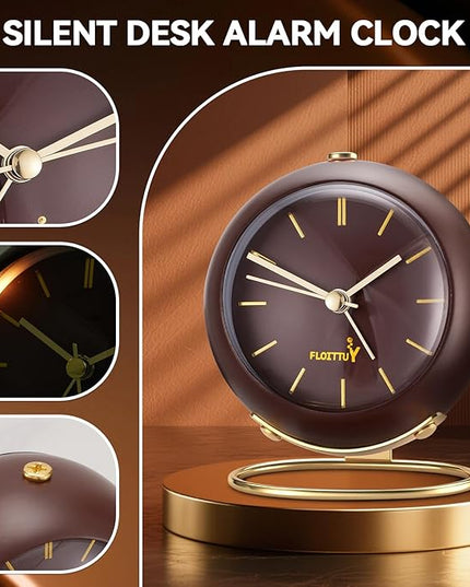 FLOITTUY Silent Table Analog Alarm Clock No Ticking, Lighted on Demand and Battery Operated, Beep Sounds, Small Desk Clock(Cocoa Brown)