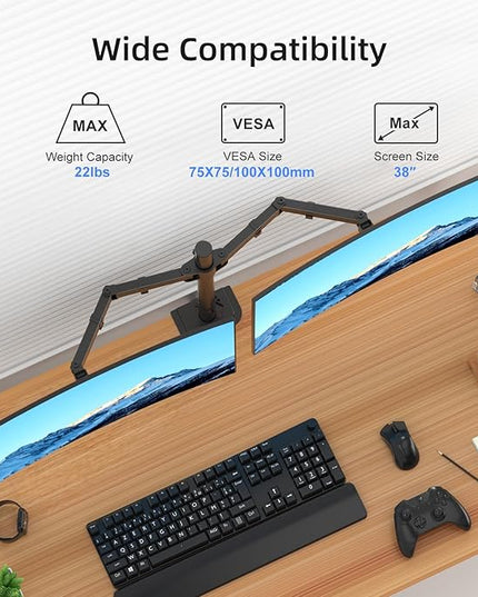 Suptek Dual Monitor Arm Desk Mount,Ultrawide Dual Monitor Arm for 2 Monitor Screens up to 38 inches and Max 22lbs Each,Extra Tall 15.75" Pole Fully Adjustable Monitor Stand for Desk,Black(MD9442MB)