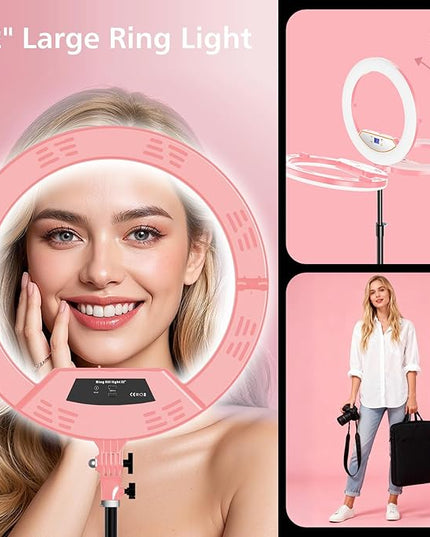 22" Large Ring Light with Stand,Foldable LED Big Ring Light Tripod for iPhone Phone Ipad, 75" Tall Tripod Touch Screen,Wireless Remote for Live Stream,YouTube,TikTok Video Shooting Pink