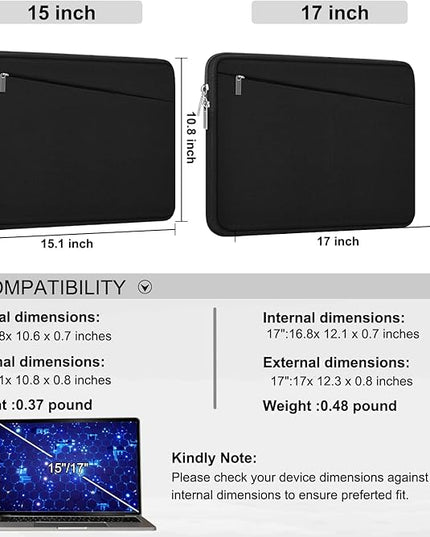 Laptop Sleeve Case 17 inch, Durable Computer Carrying Bag Protective Case Briefcase Handbag with Front Pocket, Slim Laptop Cover for 17-17.3 Inch HP, Dell, Lenovo, Asus, Notebook, Black