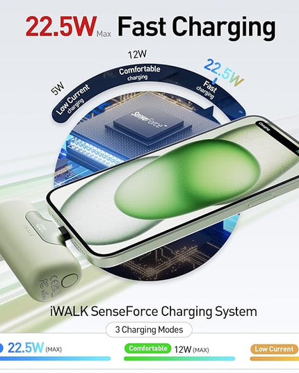 iWALK Portable Charger 5500mAh Next-Gen Small Power Bank 22.5W Fast Charging Battery USB-C Portable Phone Charger for iPhone 17/16/15 17 Plus 17 Pro Max iPad, Samsung Galaxy S25 S24 S23 Android, Green
