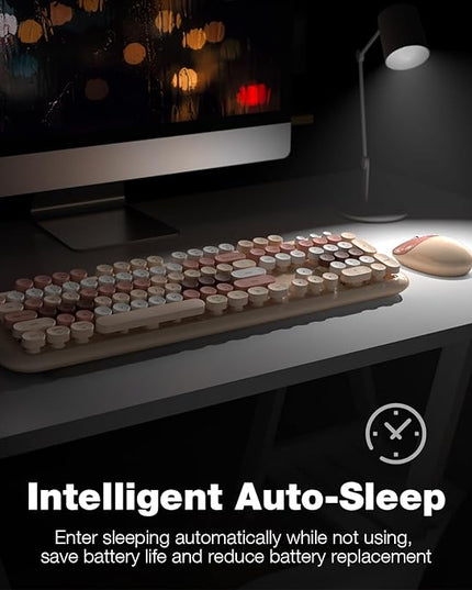 MOFII Wireless Keyboard and Mouse Combo, 2.4G Full-Size Retro Typewriter Computer Keyboard and 3 Level Adjustable Wireless Mouse for Windows, Mac OS Desktop/Laptop/PC-Milk Tea Colorful