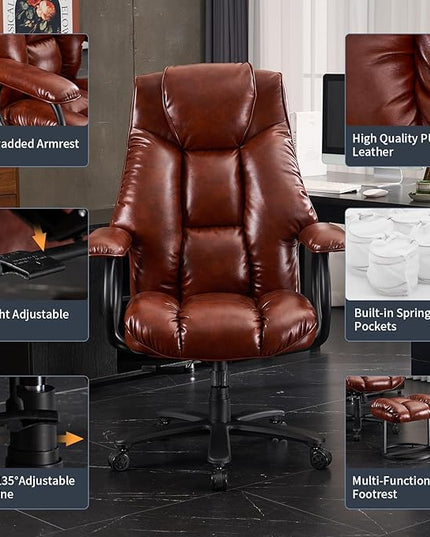Office Chair Big and Tall, High Back Ergonomic Office Chair with Padded Armrest, 400 lbs,PU Leather (Brown)