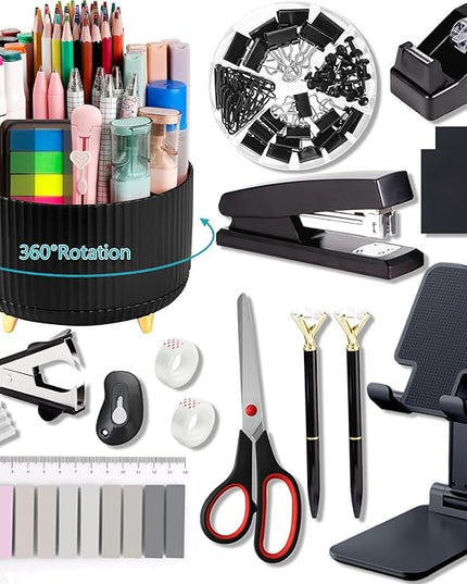 Office Supplies,Desk Accessories,with Stapler,Tape Dispenser,Staple Remover,Scissor,Ballpoint Pen,Sticky Notes,Clear Tape,Staples,Desk Organizer,Phone Stand,Binder,Index Tabs,Best Gift Set(Black)