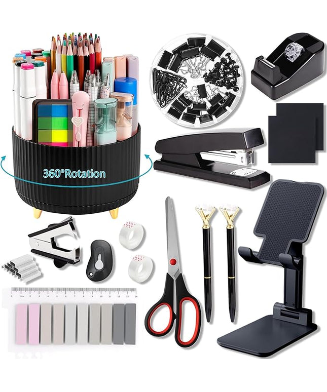 Office Supplies,Desk Accessories,with Stapler,Tape Dispenser,Staple Remover,Scissor,Ballpoint Pen,Sticky Notes,Clear Tape,Staples,Desk Organizer,Phone Stand,Binder,Index Tabs,Best Gift Set(Black)