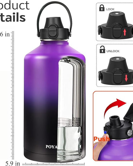 Water Bottle Insulated 32oz 40oz 64oz 128oz Straw Lid Spout Lid & 3 Lids, Leak Proof, Vacuum Insulated,Stainless Steel Water Bottle Wide Mouth for Sports, Gym or Office