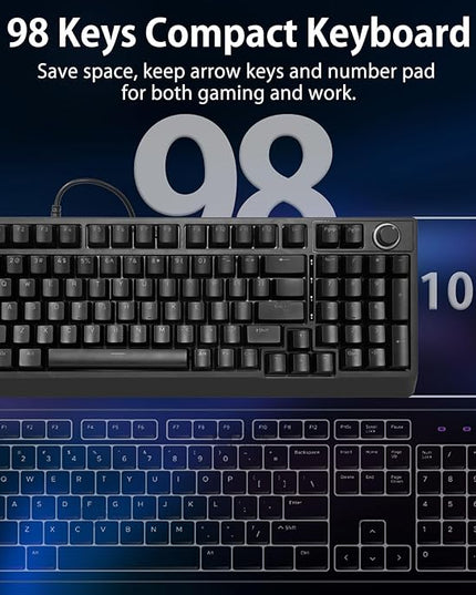 HUO JI Mechanical Gaming Keyboard Wired, 17 LED Backlit Modes, Liner Red Switch, Volume Knob, Anti-Ghosting, Double-Shot Shine Through Keycaps, 96% Light Up Keyboard for PC Mac